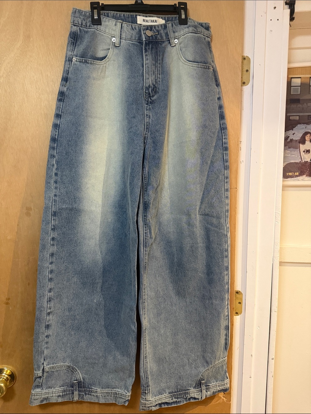 Realtakai Men's Wide Leg Light Blue Washed Jeans